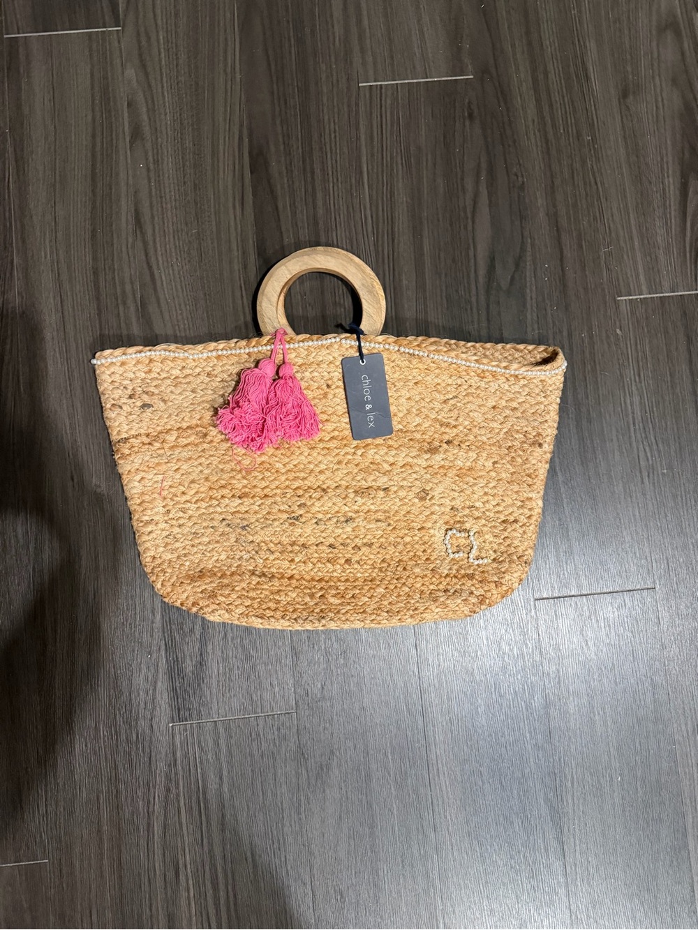 Straw Tote with Pink Tassel and Wooden Handles